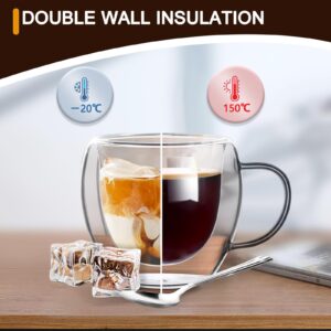 SUROQUE Double Wall Glass Coffee Mugs 8oz Insulated Glass Mugs with Handles Tea Cup Set of 4 Clear Coffee Mugs for Latte, Espresso, Cappuccino