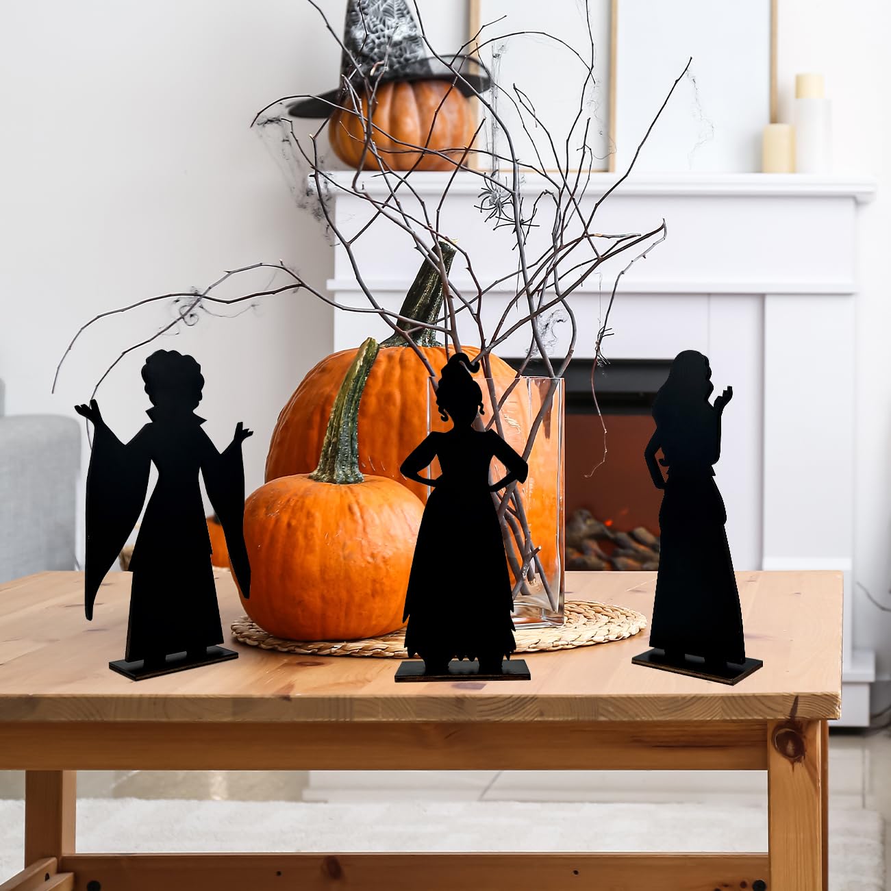 3PCS Halloween Decorations Black Halloween Hocus Pocus Witch Silhouette Wooden Table Centerpieces with Base for Halloween Party Decorations Hocus Pocus Scary Silhouette Wooden Signs Halloween Decor