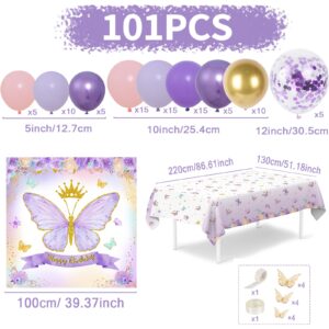 Butterfly Birthday Decorations for Girls - 101PCS Pink Purple Party Decorations include Balloons, Butterfly Stickers, Tablecloth and Happy Birthday Backdrop for Girls Women Princess Party Supplies