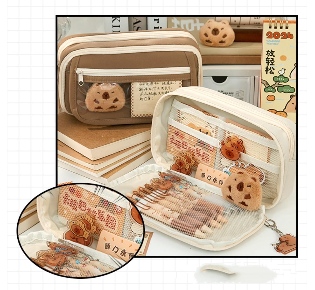 NAPIMICO Cute Clear Pencil Case with Kawaii Capybara Pins and Stickers Aesthetic Pencil Pouch Cute Office Stationary Small Pouch (Coffee)