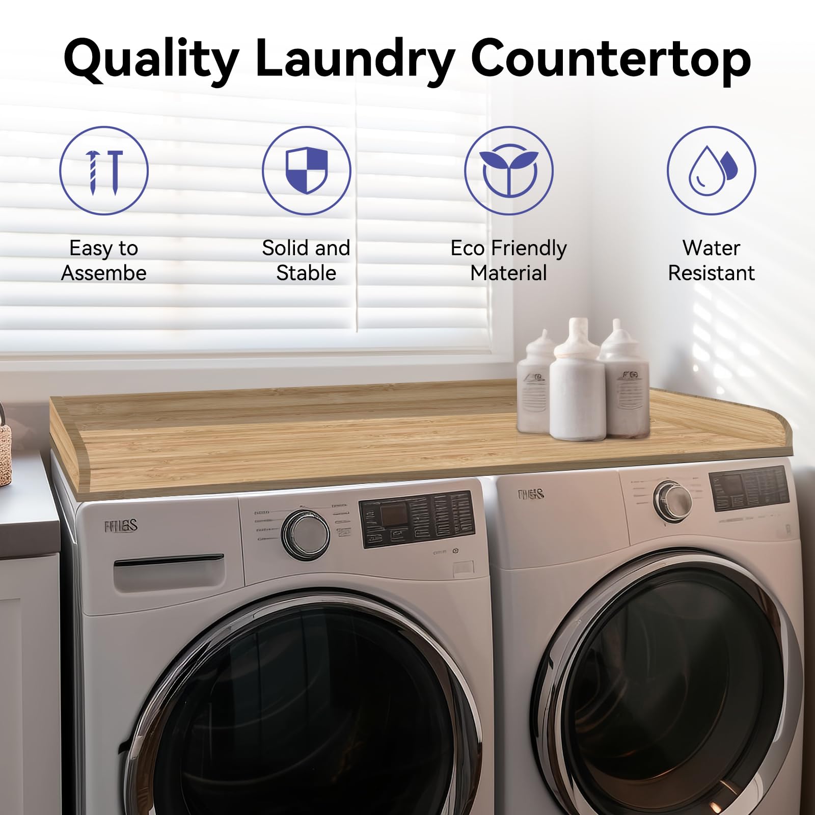 Washer Dryer Countertop, Laundry Countertop, Bamboo Washer and Dryer Covers for The top, 27.5" Depth x 54" Width with Edge Rails for Laundry Room Organization (Natural)