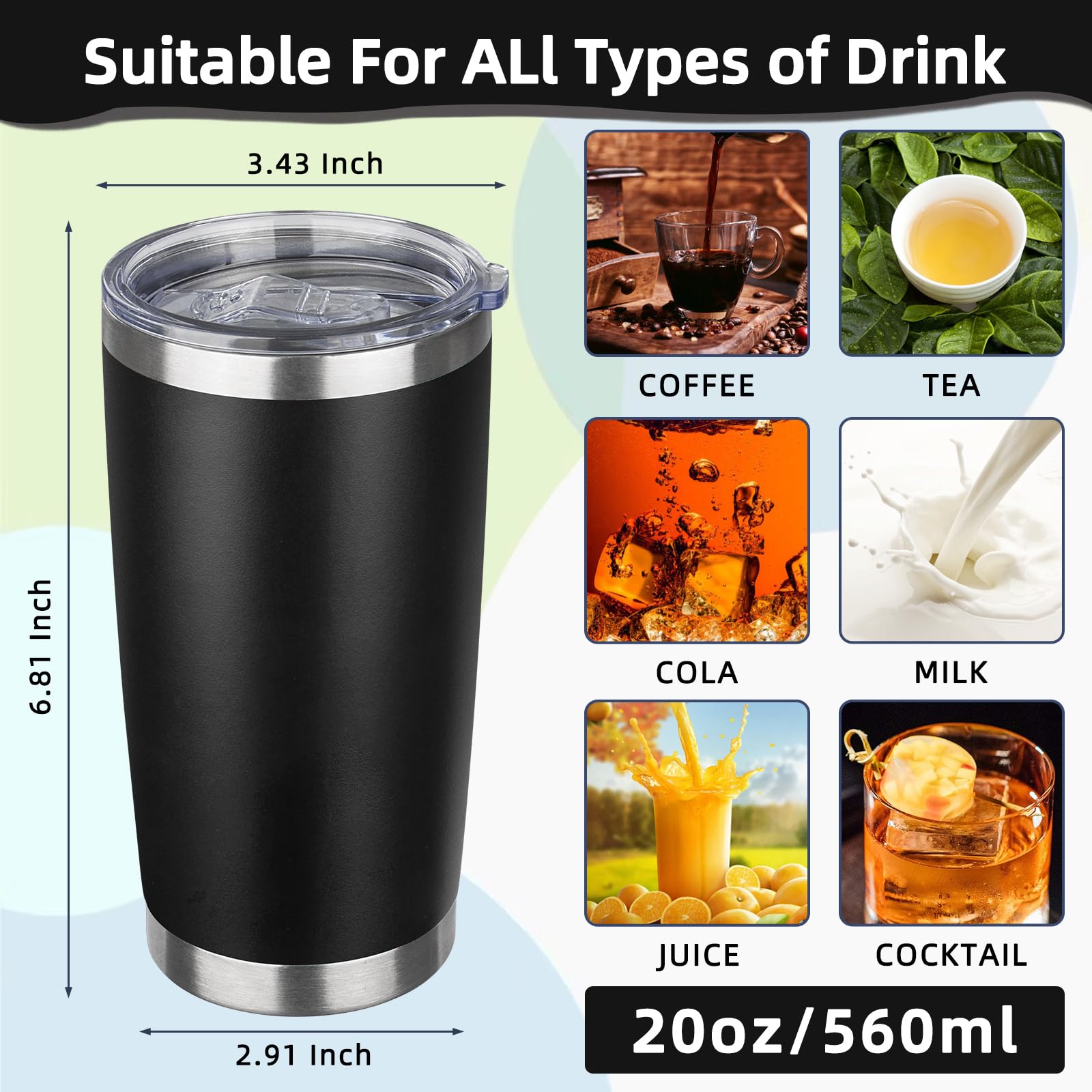 20oz Tumbler with Lid Stainless Steel Insulated Tumblers Travel Coffee Tumbler Bulk Double Wall Vacuum Insulated Water Cup Christmas Gifts for Women Men Her Him Home Office (Black, 1pack)