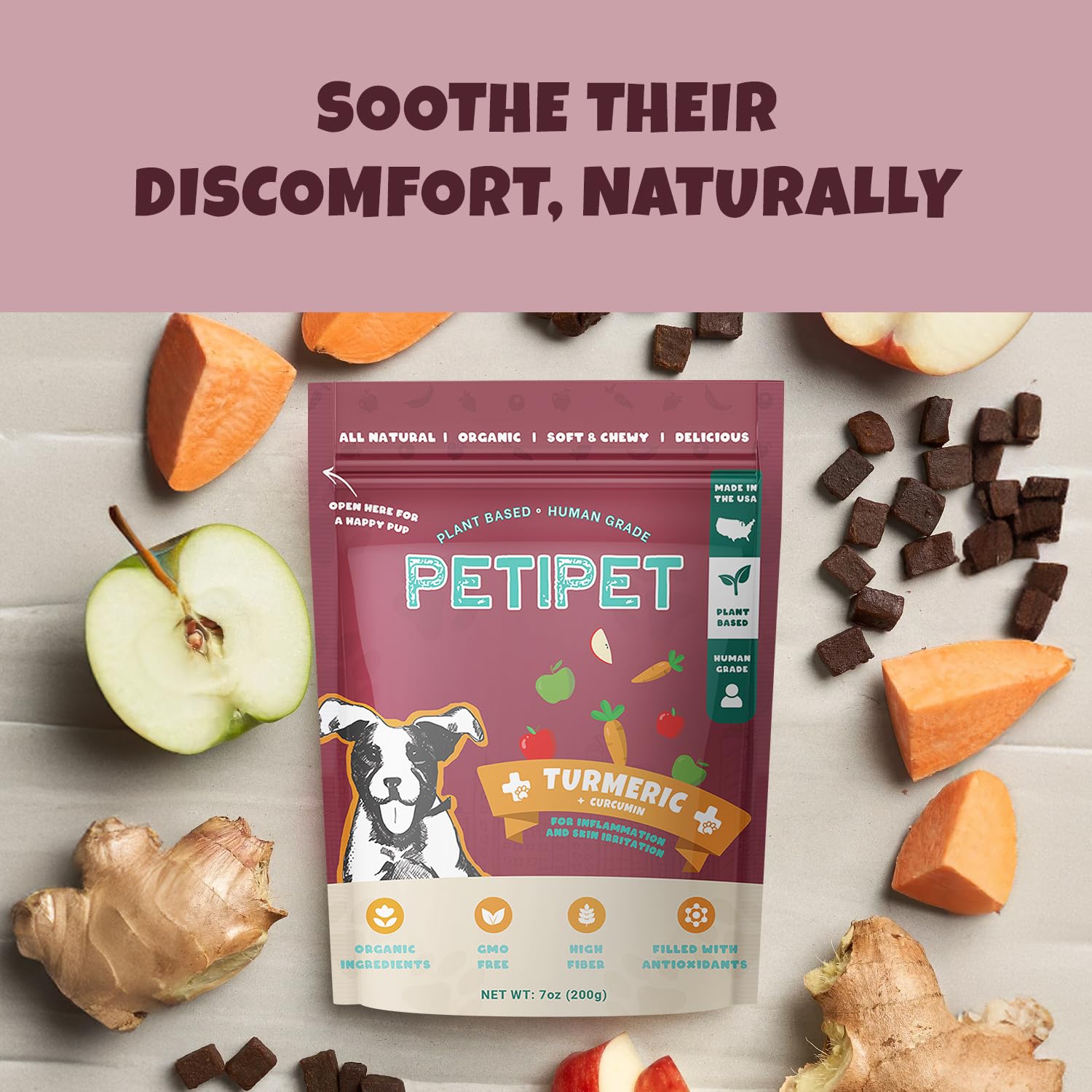 PETIPET Turmeric + Curcumin - Natural, Human-Grade Allergy Relief Chews, Hip and Joint Supplement, and Anti-Inflammatory for Dogs