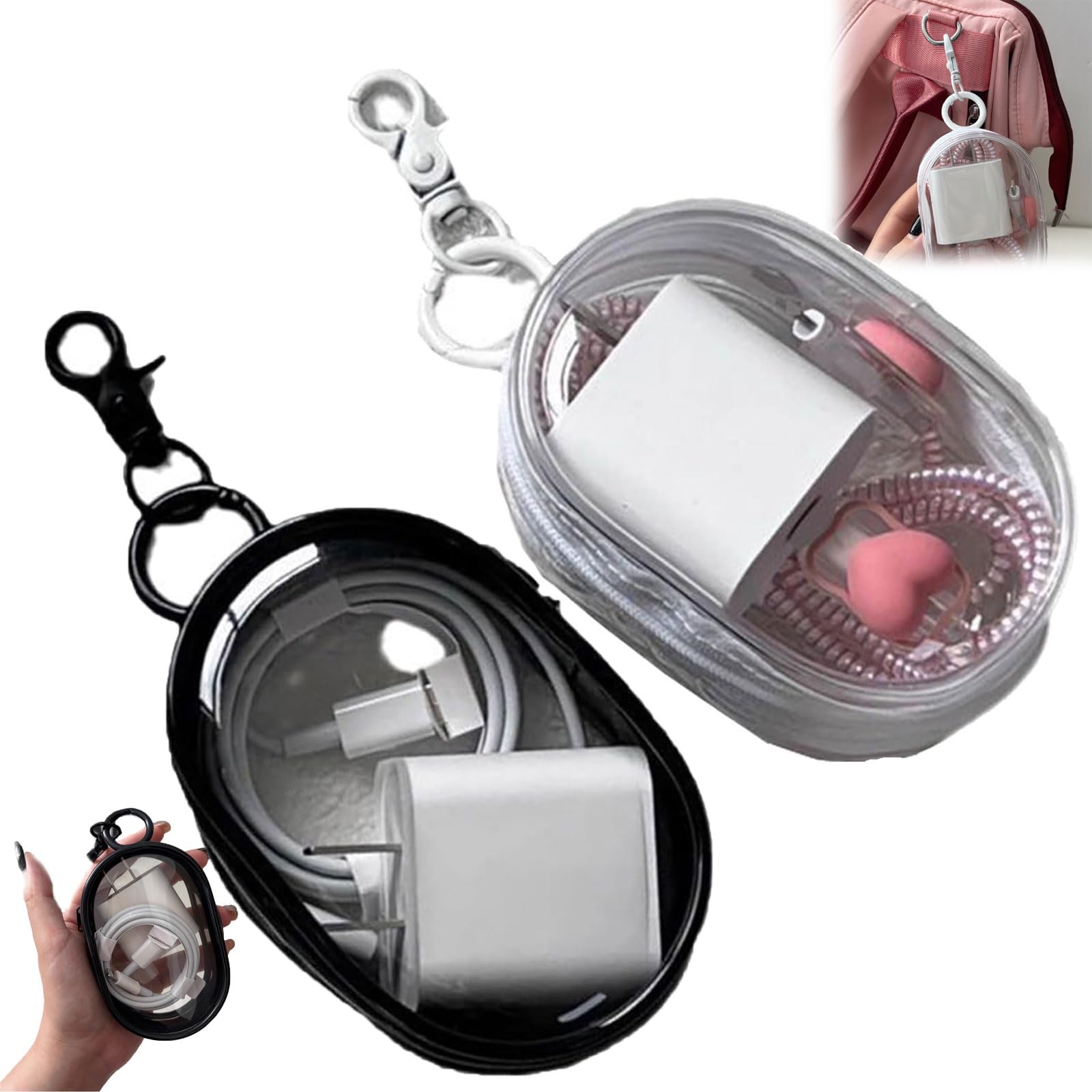 Charging Cable Storage Bag, Waterproof Cable Storage Clear Bag, Transparent Cable Storage Bag, Mobile Phone Charger Transparent Storage Organizer, Portable Headphone Storage Bag (Black+White)