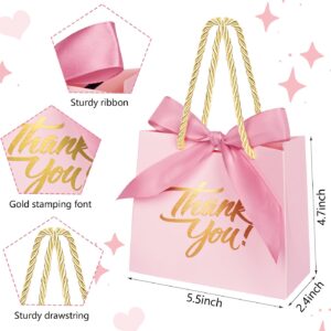 Nimbbex 50Pack Small Thank You Bags with Handles, Party Favor Bags 5.5x2.3x4.7 Inches Small Pink Gift Bags with Handles, Mini Paper Candy Bags with Pink Ribbon for Wedding Baby Shower Birthday