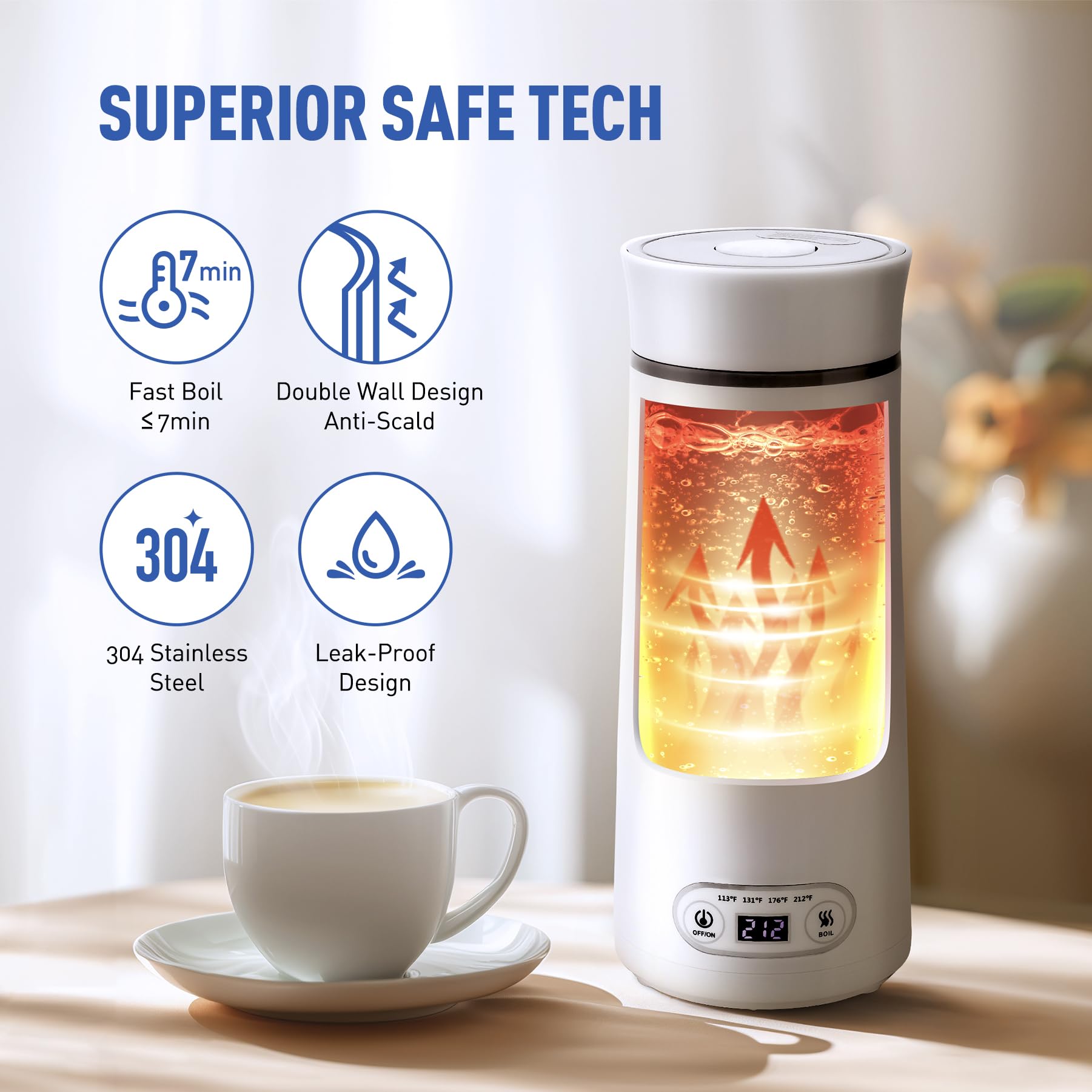 Travel Electric Kettle Portable Small Coffee Tea Heater Kettle, 4 Variable Temperature Presets Mini Portable Water Boiler Pot, 304 Stainless Steel, Auto Shut Off and Boil Dry Protection for Work