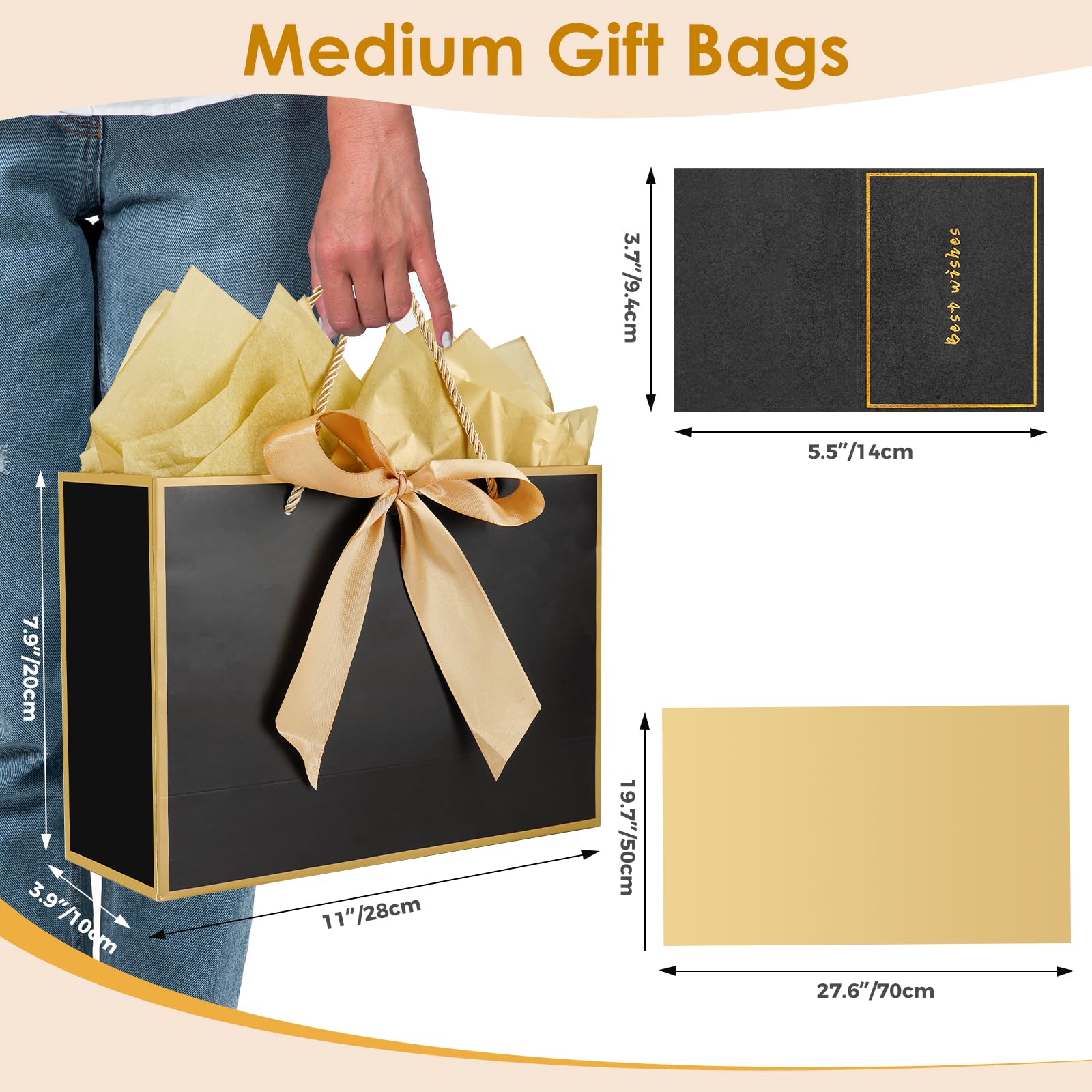 Gfractolux Gift Bags for Present, 2 Pcs Medium Gift Bags with Tissue Paper and Cards, Gift Bags for Birthdays, Baby Shower, Wedding, Party Favor, Holiday Presents 11"X7.9"X3.9" (Black and Gold)