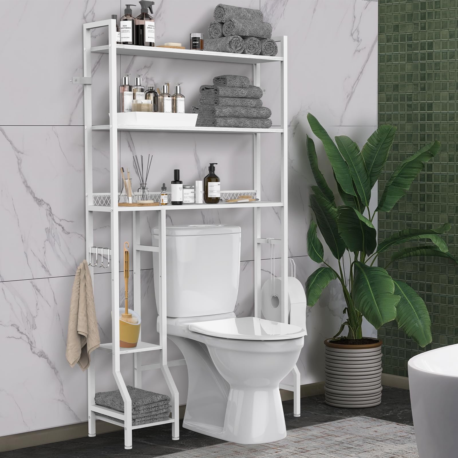 NOVIMANGO Over The Toilet Organizer White, Bathroom Space Saver Over Toilet, 5-Tier Bathroom Over Toilet Storage, Above Toilet Stand with 4 Hooks for Restroom, Laundry