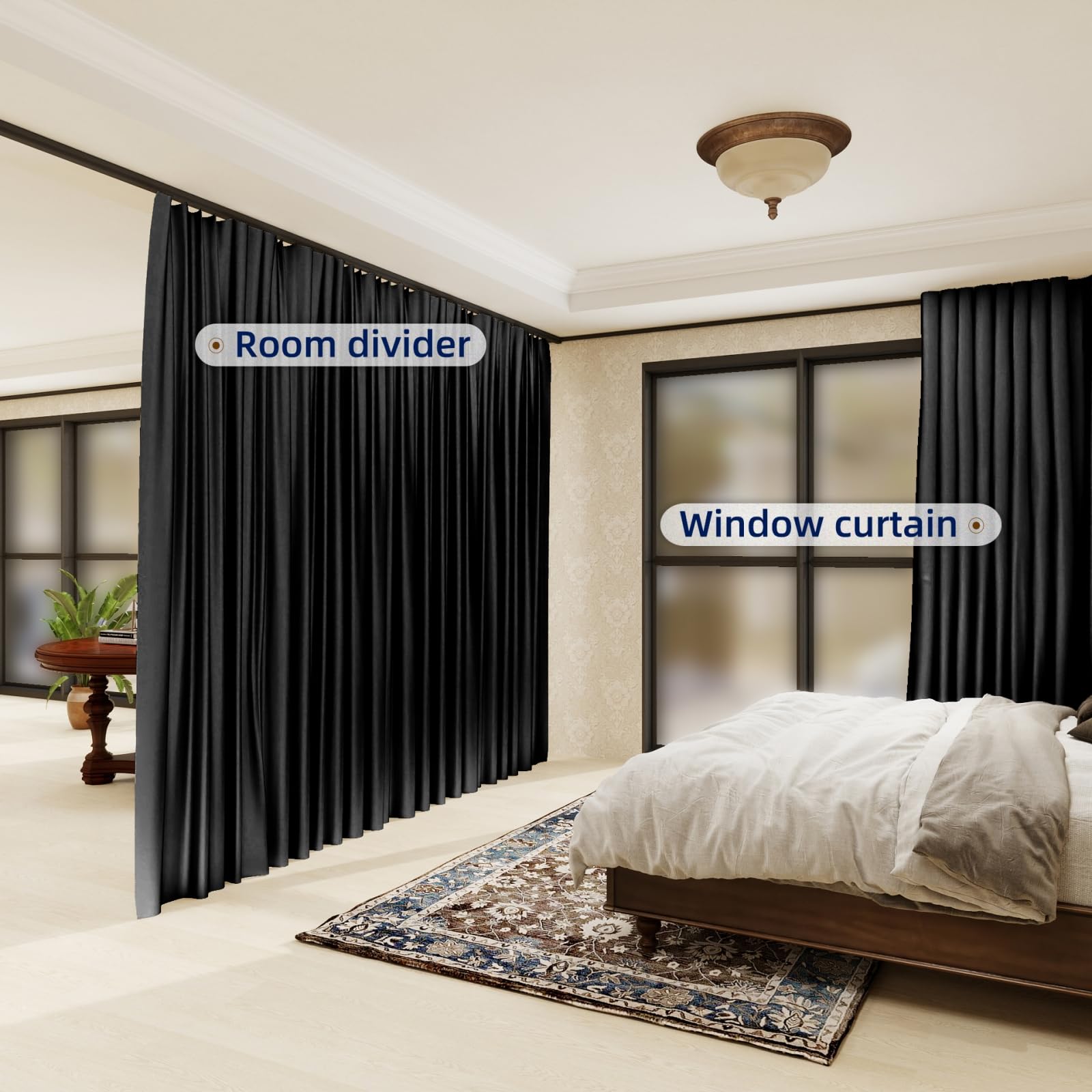 ROOMNEST Multifunctional Room Divider Curtain Totally Blackout Privacy Partition Drape Room Thermal Insulated Noise Reduced Suitable for Curtain Track&Rod System, 10 ft W x 9 ft H, Black, 1 Panel