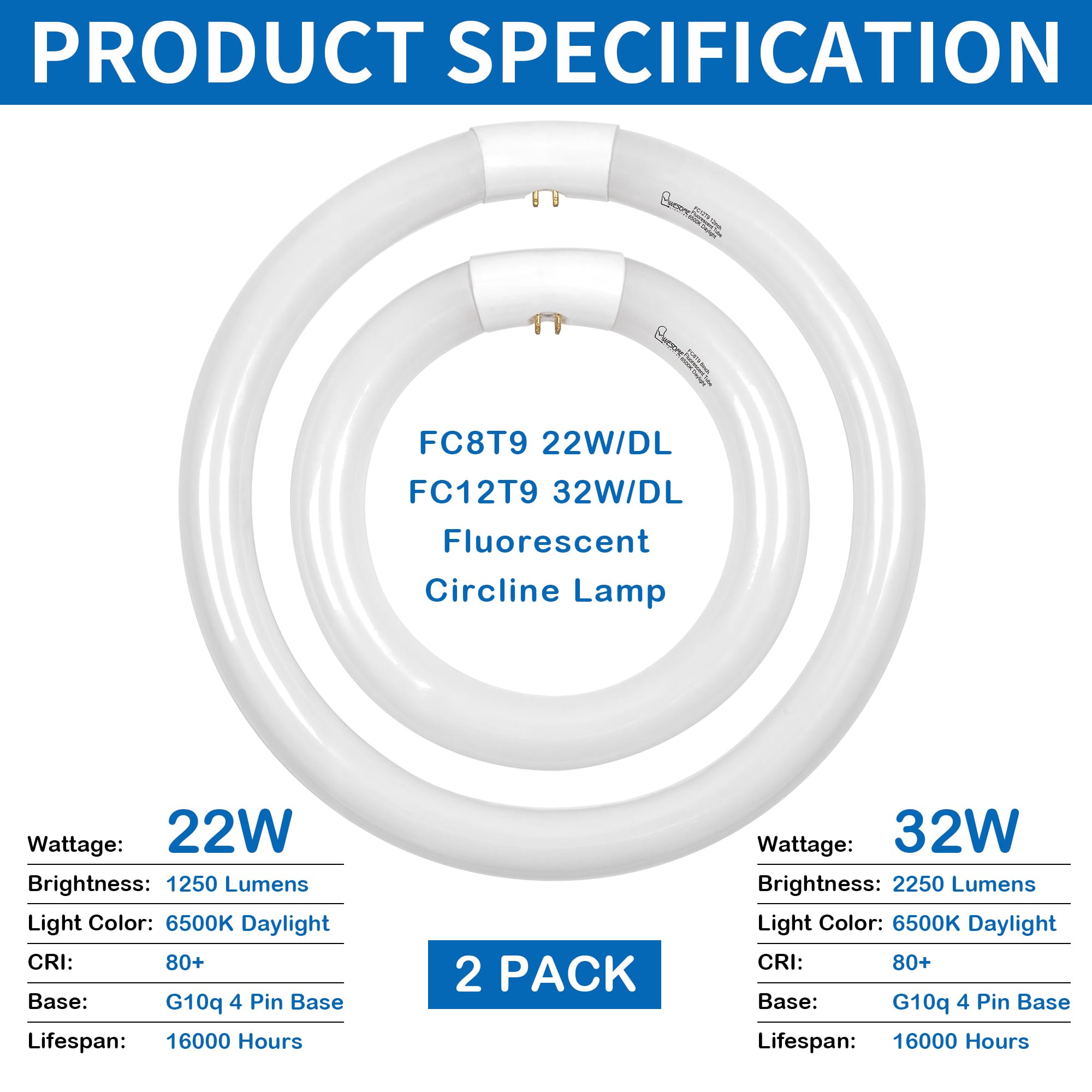 FC8T9 22W and FC12T9 32W Circular Light Bulb, Daylight 6500K Set, Round Repalement Bulbs, 8 Inch 22 Watts and 12 Inch 32 Watts Circline Kitchen and Bath Fluorescent Lamp, G10q 4 Pin Base, 2 Pack