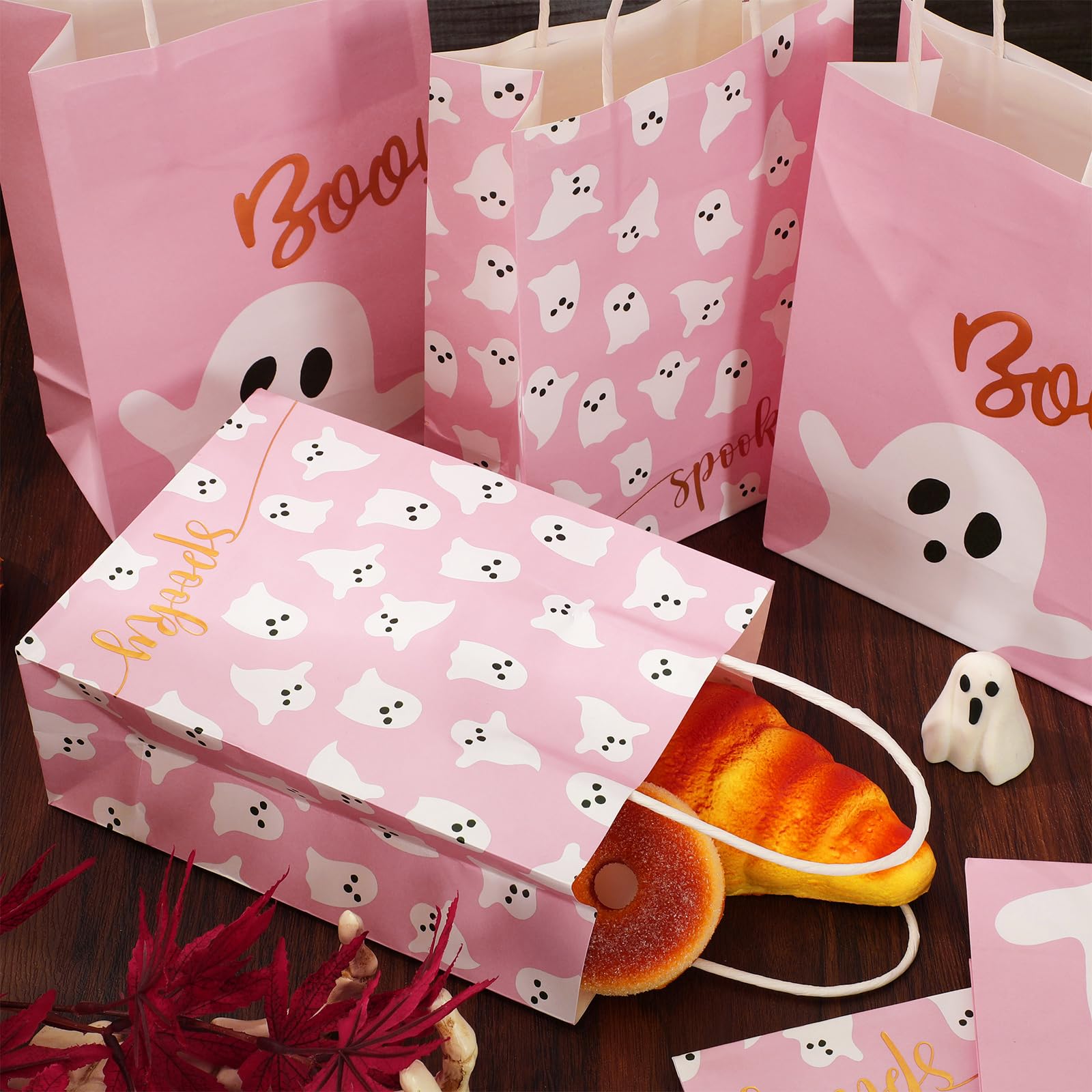 JarThenaAMCS 24Pcs Halloween Paper Gift Bags with Handles Pink Ghost Party Favor Bags Candy Goodie Treat Bags for Halloween Birthday Party Supplies