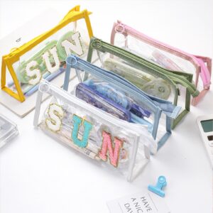 Stanaway Clear Pencil Bag Preppy- Chenille Varsity letter Cosmetic Bag Classy Waterproof Portable Transparent PVC Zipper Clutch Bag Pencil Bag for Home Storage Organizing, Office, Vacation, Travel