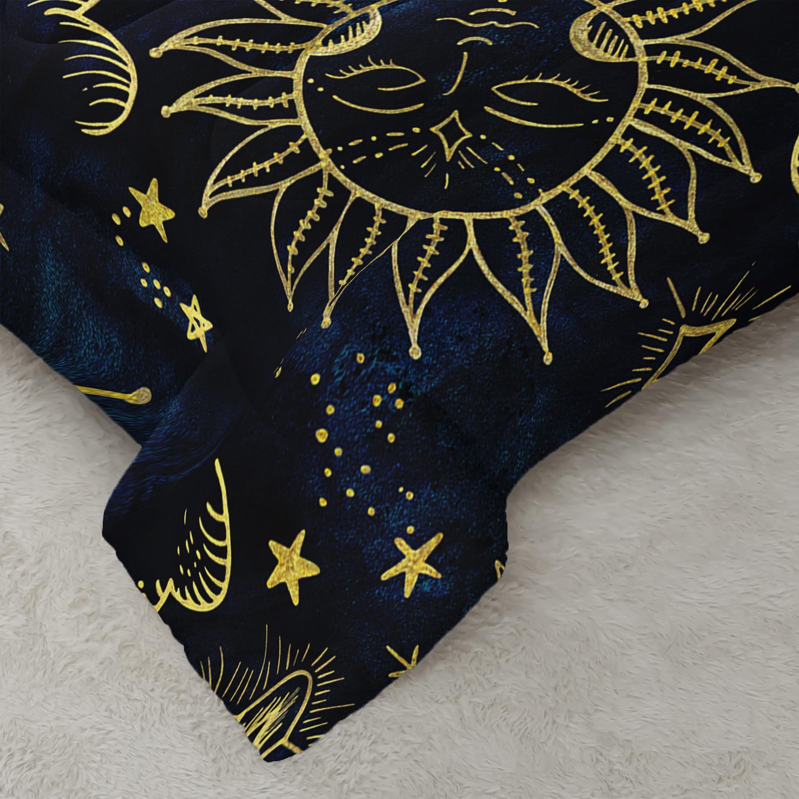 Ntlfup Sun and Moon Comforter Set Twin Size, Starry Sky Celestial Star Bedding Set for Kids Boys Girls, Blue Golden Bohemian Gothic Comforter Set