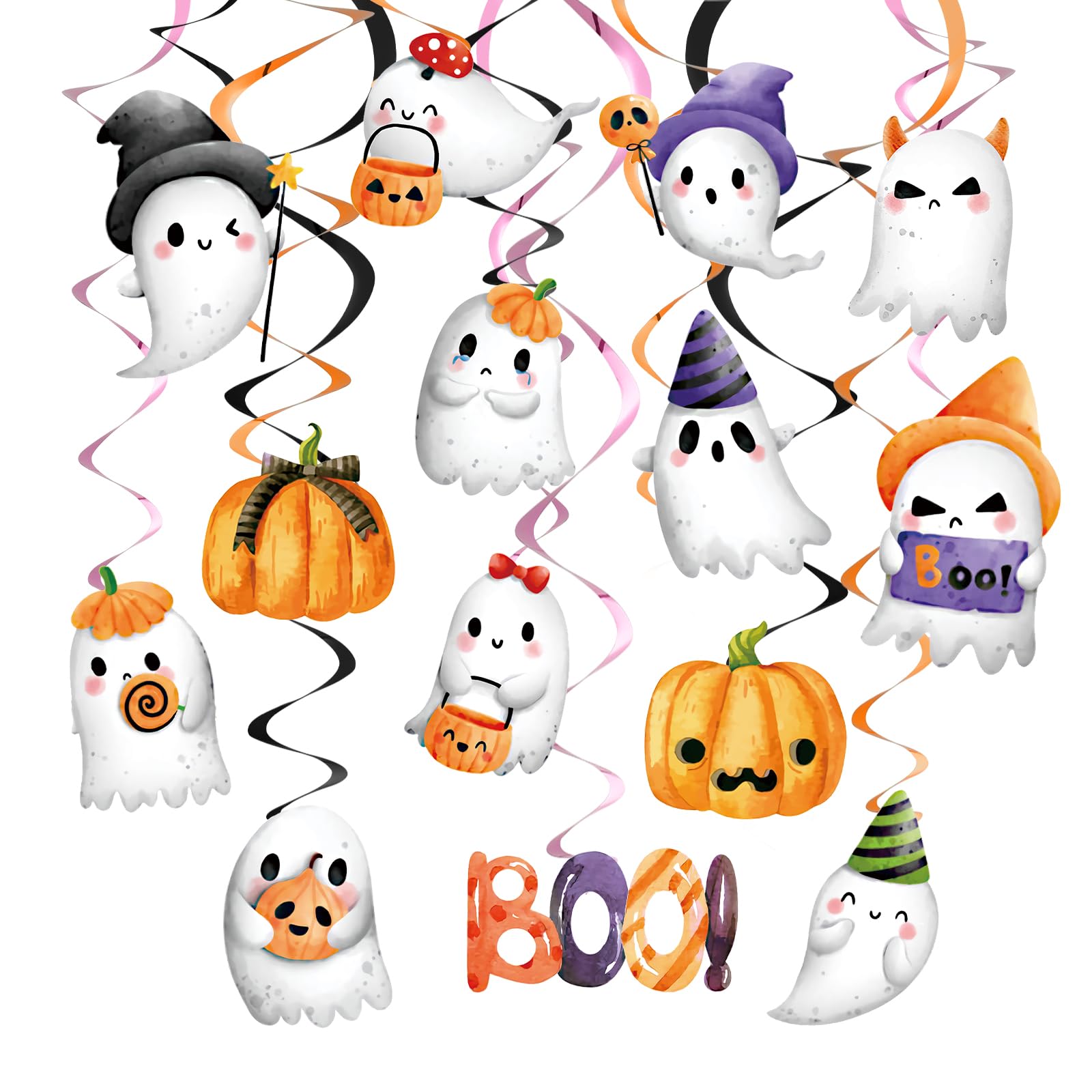 JarThenaAMCS 28Pcs Halloween Boo Hanging Swirl Decorations Ghost Pumpkin Hanging Streamers with Cutouts Cardboard Ornament Ceiling Spirals for Home Party Decor