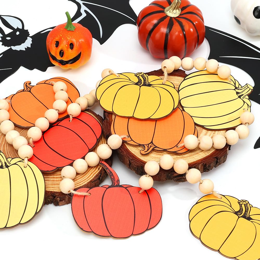 AKEROCK Fall Thanksgiving Garland for Mantle, Farmhouse Wood Pumpkin and Bead Thanksgiving Banner for Home Fireplace Mantel Decor - Pumpkin Garland Thanksgiving Decorations Indoor