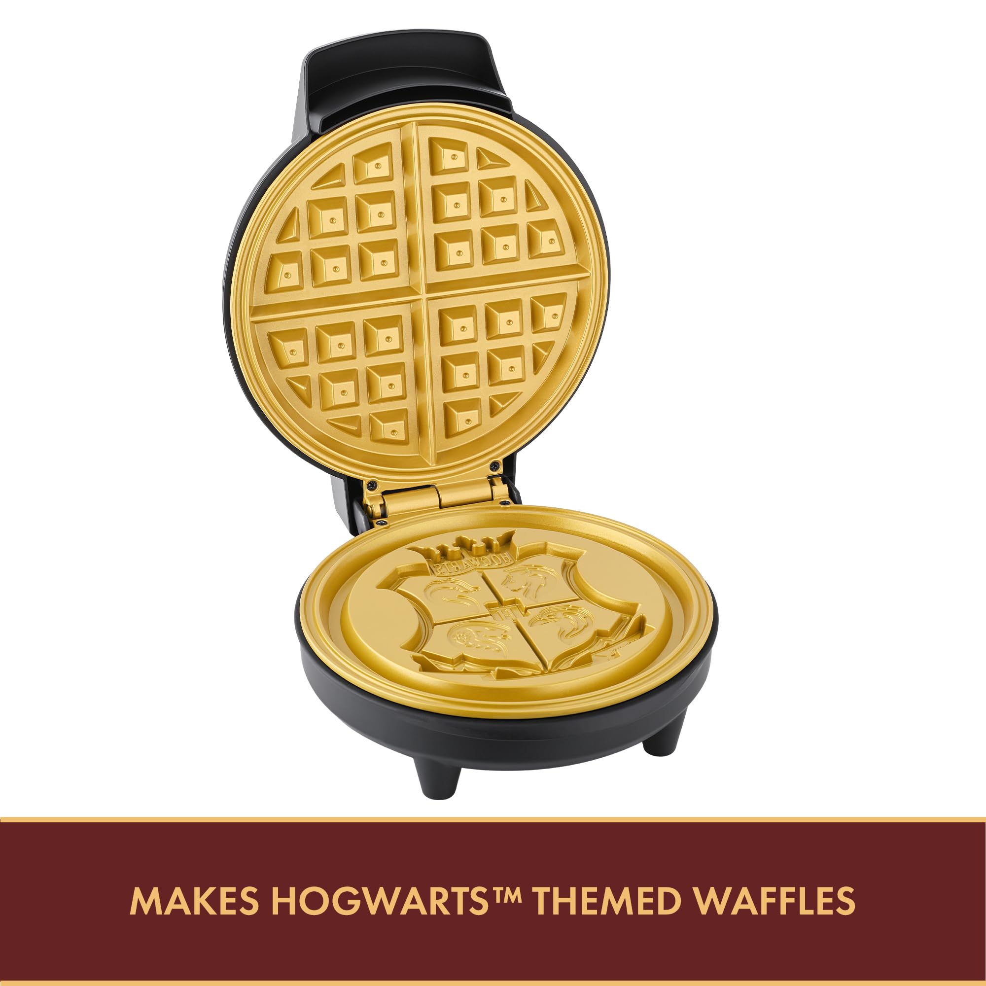 Warner Brothers Harry Potter Round Waffle Maker by Select Brands - Ceramic Coated Cooking Plates - Imprints Hogwarts Crest on Waffles, Black and Gold, WBH-250WM