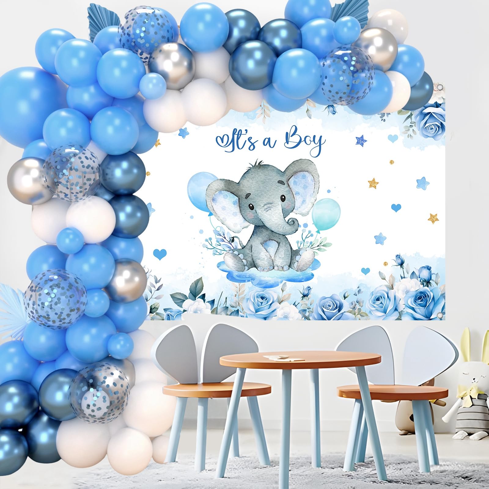 Boy Elephant Baby Shower Decorations Boxes - Baby Blue Balloon Garland Kit,Baby Shower Boxes,It's a Boy Backdrop Tablecloth for Elephant Theme Party Supplies,Baby Shower Wedding Birthday Party