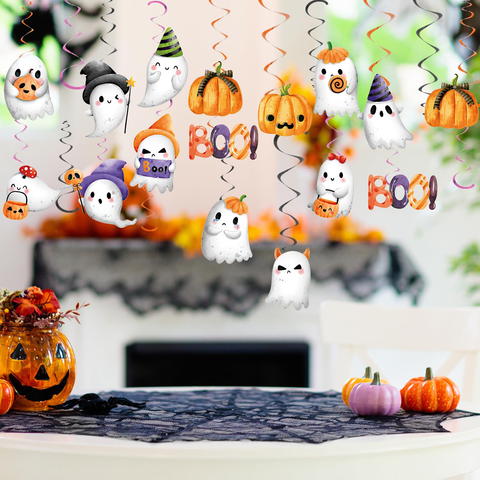 JarThenaAMCS 28Pcs Halloween Boo Hanging Swirl Decorations Ghost Pumpkin Hanging Streamers with Cutouts Cardboard Ornament Ceiling Spirals for Home Party Decor