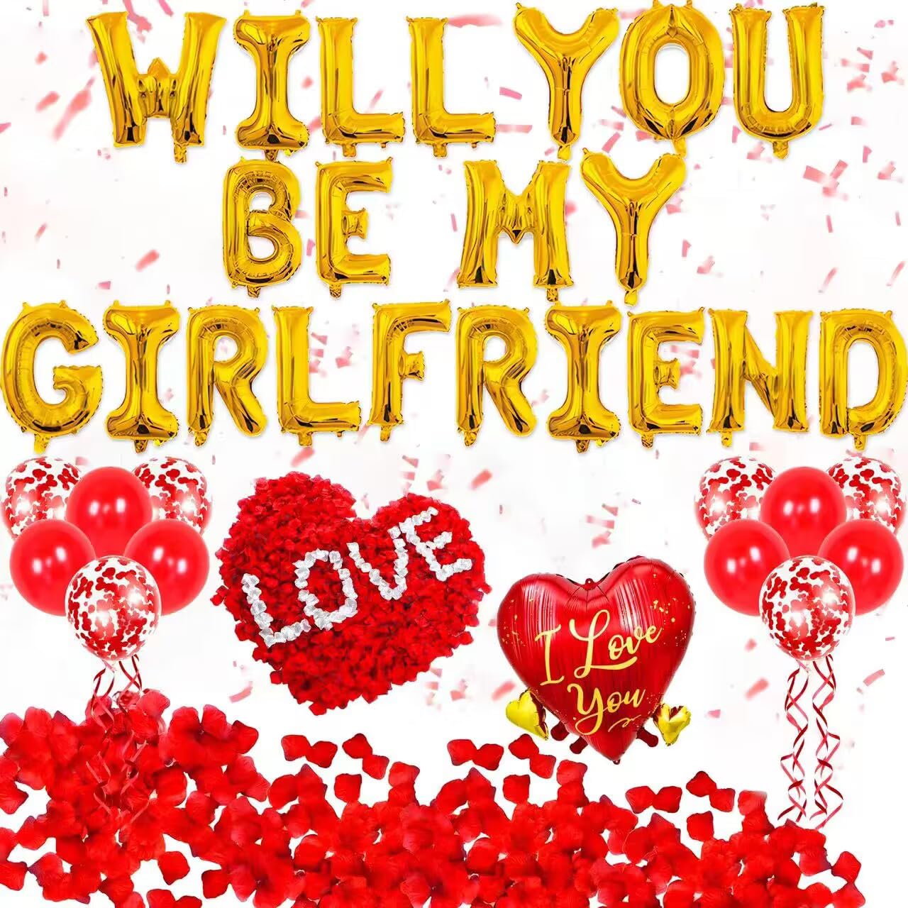 Will You Be My Girlfriend Balloons - 16'' Alphabet Letters Foil Mylar Balloon, 18" Heart Shaped Balloon with 500 Pcs Artificial Rose and 100 Pcs White Petals for Valentine Anniversary Decorations