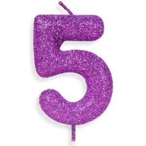 5th glitter birthday candles, purple pink birthday number candle for cake topper decorations for girls birthday party wedding anniversary celebration supplies