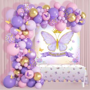 Butterfly Birthday Decorations for Girls - 101PCS Pink Purple Party Decorations include Balloons, Butterfly Stickers, Tablecloth and Happy Birthday Backdrop for Girls Women Princess Party Supplies