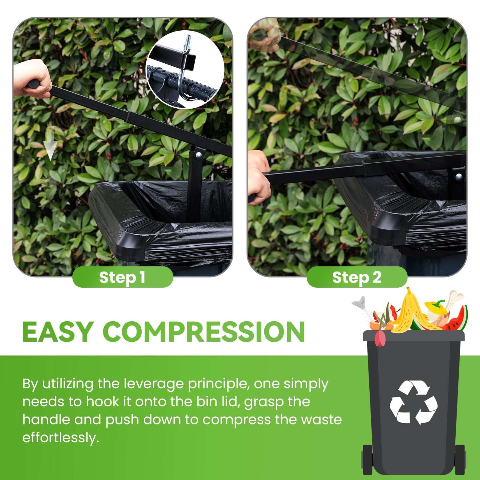 NEWTRY Manual Trash Compactor, 120L-240L Home Manual Garbage Compressor with Adjustable Handle Outdoor Wheelie Bin Rubbish Compactor for Kitchen, Garden, Restaurant, Office