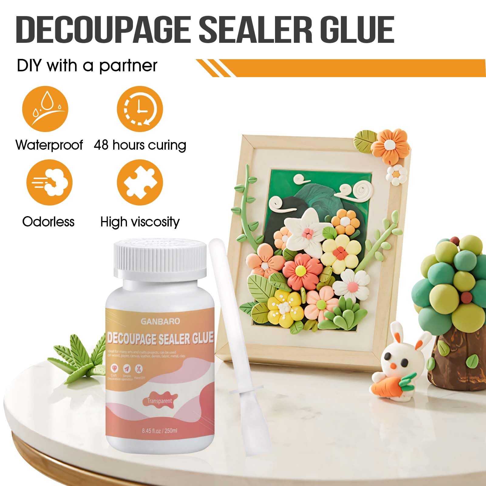 Ganbaro Decoupage Glue 8.45 oz All-in-One Glue Transparent Quick Dry Gloss Water Based Sealer Glue Waterproof Easy Clean All Purpose Gloss Glue for DIY Paper, Wood, Canvas, Leather, Metal 250 ml