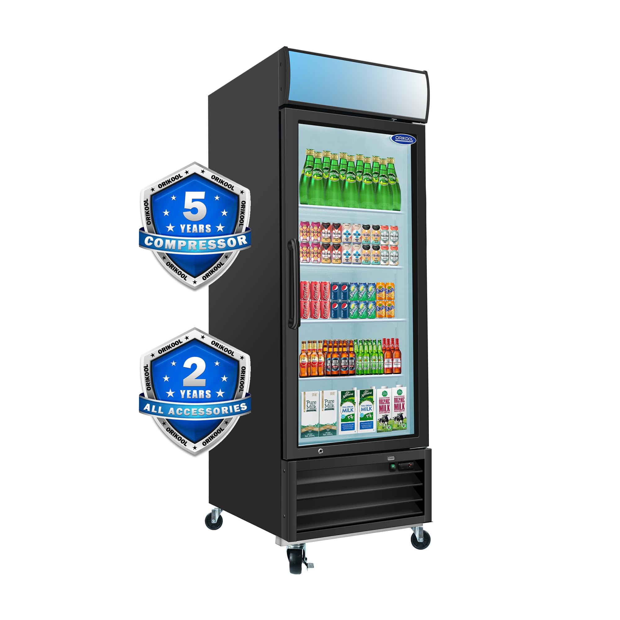 ORIKOOL 27" W Glass Door Refrigerator 19.2 Cu.ft 32℉ ~ 44℉ Commercial Display Beverage Fridge with LED Top Panel