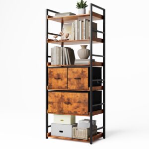 furmax 6 tier bookshelf, tall bookcase with 3 drawers storage organizer, wood and metal storage book shelf, standing shelves for bedroom and living room (rustic brown)