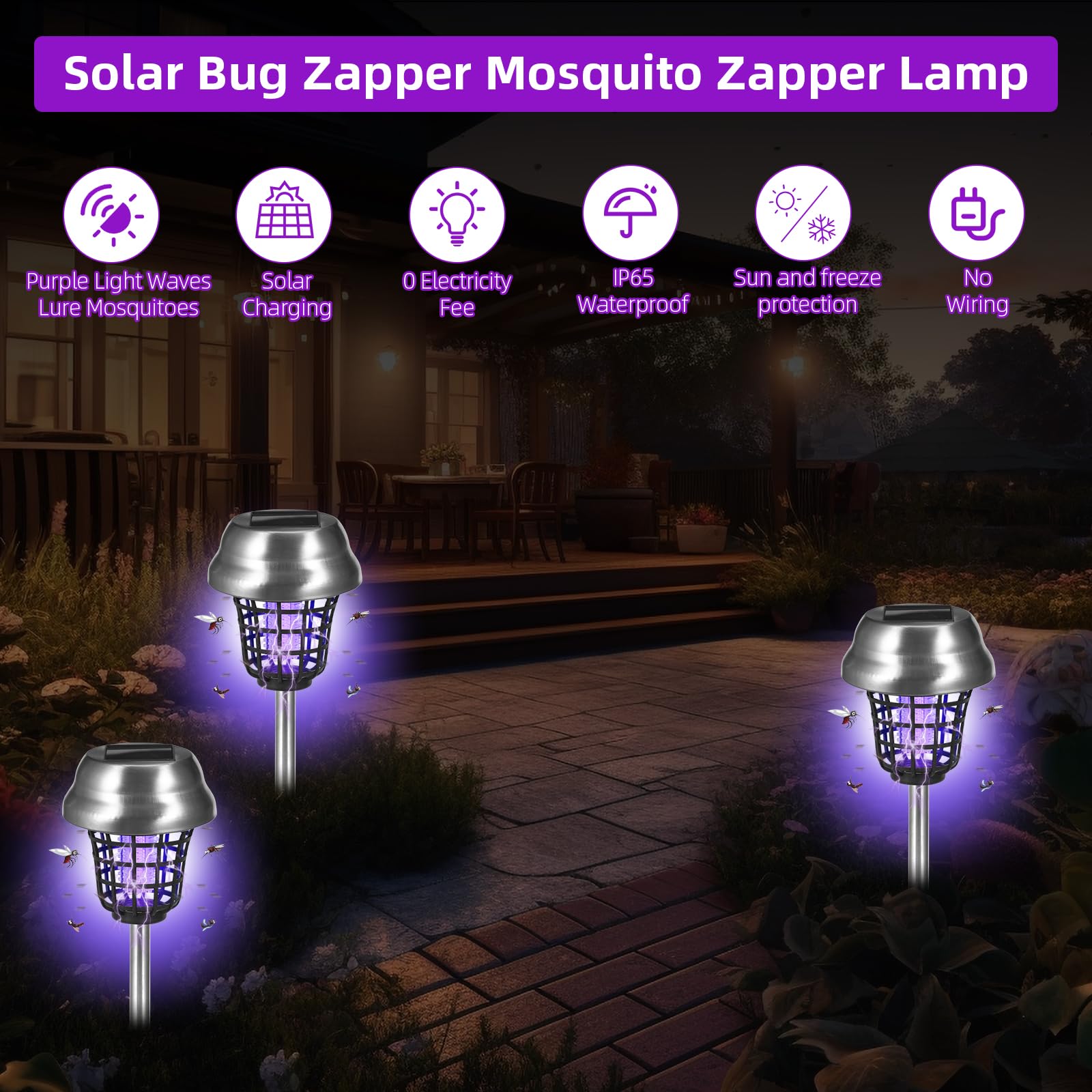 Jahy2Tech Solar Bug Zapper Outdoor Mosquito Zapper 2 in 1 Mosquito Killer Lamp Purple & White Light for Patio Yard Garden Pathway Insect Mosquito Repellent (4)