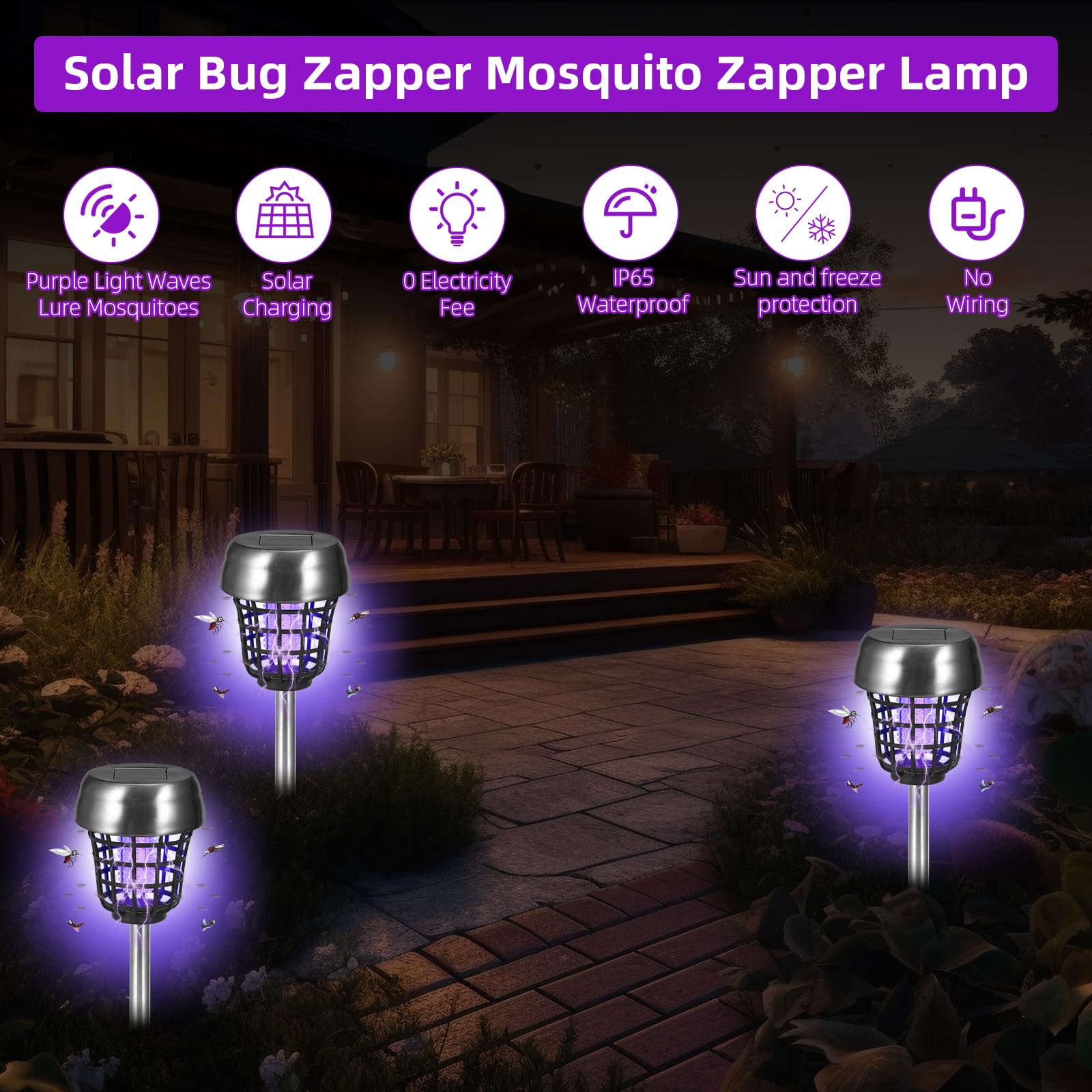 Jahy2Tech Solar Bug Zapper Outdoor Mosquito Zapper Mosquito Killer Lamp for Patio Backyard Garden Pathway Insect Mosquito Repellent Purple and White Light (2)