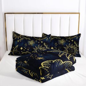 Ntlfup Sun and Moon Comforter Set Twin Size, Starry Sky Celestial Star Bedding Set for Kids Boys Girls, Blue Golden Bohemian Gothic Comforter Set