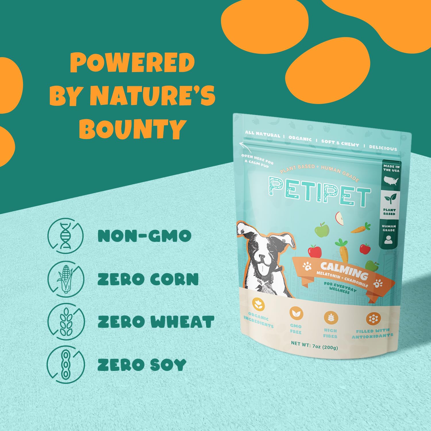 PETIPET Calming Chews for Dogs - Plant-Based Calming Supplement with Melatonin+Chamomile - Natural Calming Aid Treats for Relaxing, Stress, Separation, Anxiety Relief, Puppies, Small and Large Breeds