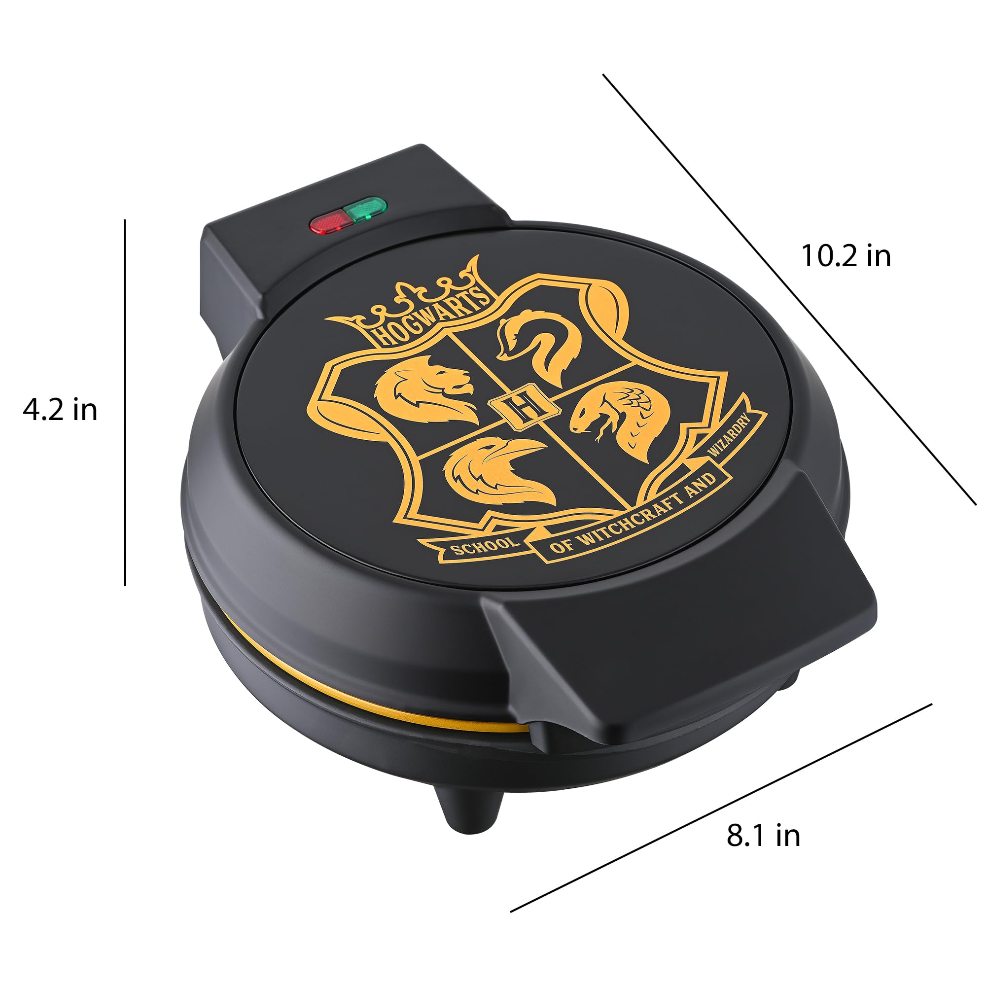 Warner Brothers Harry Potter Round Waffle Maker by Select Brands - Ceramic Coated Cooking Plates - Imprints Hogwarts Crest on Waffles, Black and Gold, WBH-250WM