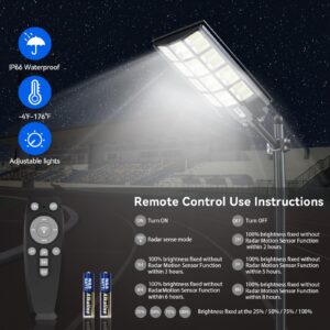 Solar Street Light Solar Street Lights Outdoor Dusk to Dawn Solar Power Lights IP66 Waterproof 6500 K LED Street Light with Motion Sensor and Remote Control for Parking Lot (7200, Watts)