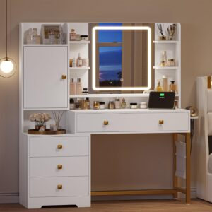 DICTAC Vanity Desk with LED Lighted Mirror & Power Outlet Makeup Vanity Table with 4 Drawers & Nightstand & Storage Shelves&Jewelry Cabinet,3 Color Modes,Dressing Table for Bedroom Dressing Room,White