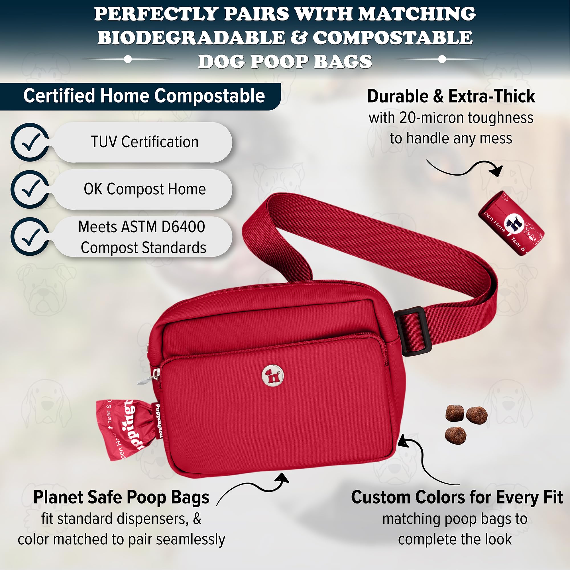 Puppington 3-in-1 Crossbody Bag & Dog Treat Pouch for Pet Training - Matching Poop Bags & Built-In Poop Bag Dispenser - Zippered Pockets - Dog Walking Bag for Office to Off-Leash (Ruby Red)