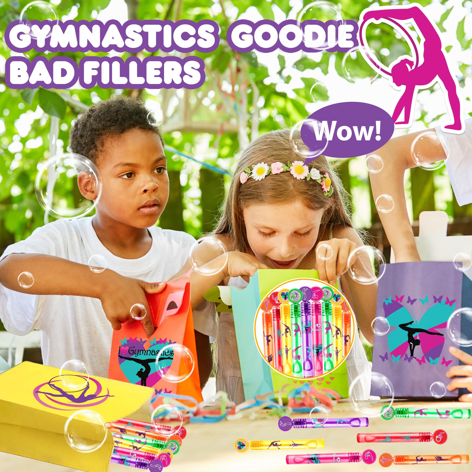 24PCS Gymnastics DIY Bubble Wands Party Favors 96PCS Stickers for Goodie Bag Fillers Pinata Stuffers, Mini Bubble Bulk Birthday Party Supplies Toys Gifts Class Prizes for Toddlers Boys Girls