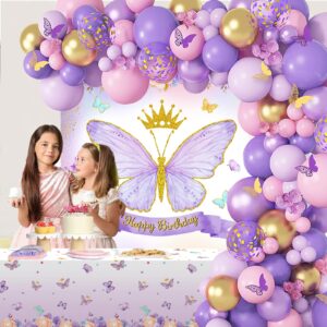 Butterfly Birthday Decorations for Girls - 101PCS Pink Purple Party Decorations include Balloons, Butterfly Stickers, Tablecloth and Happy Birthday Backdrop for Girls Women Princess Party Supplies