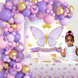 Butterfly Birthday Decorations for Girls - 101PCS Pink Purple Party Decorations include Balloons, Butterfly Stickers, Tablecloth and Happy Birthday Backdrop for Girls Women Princess Party Supplies