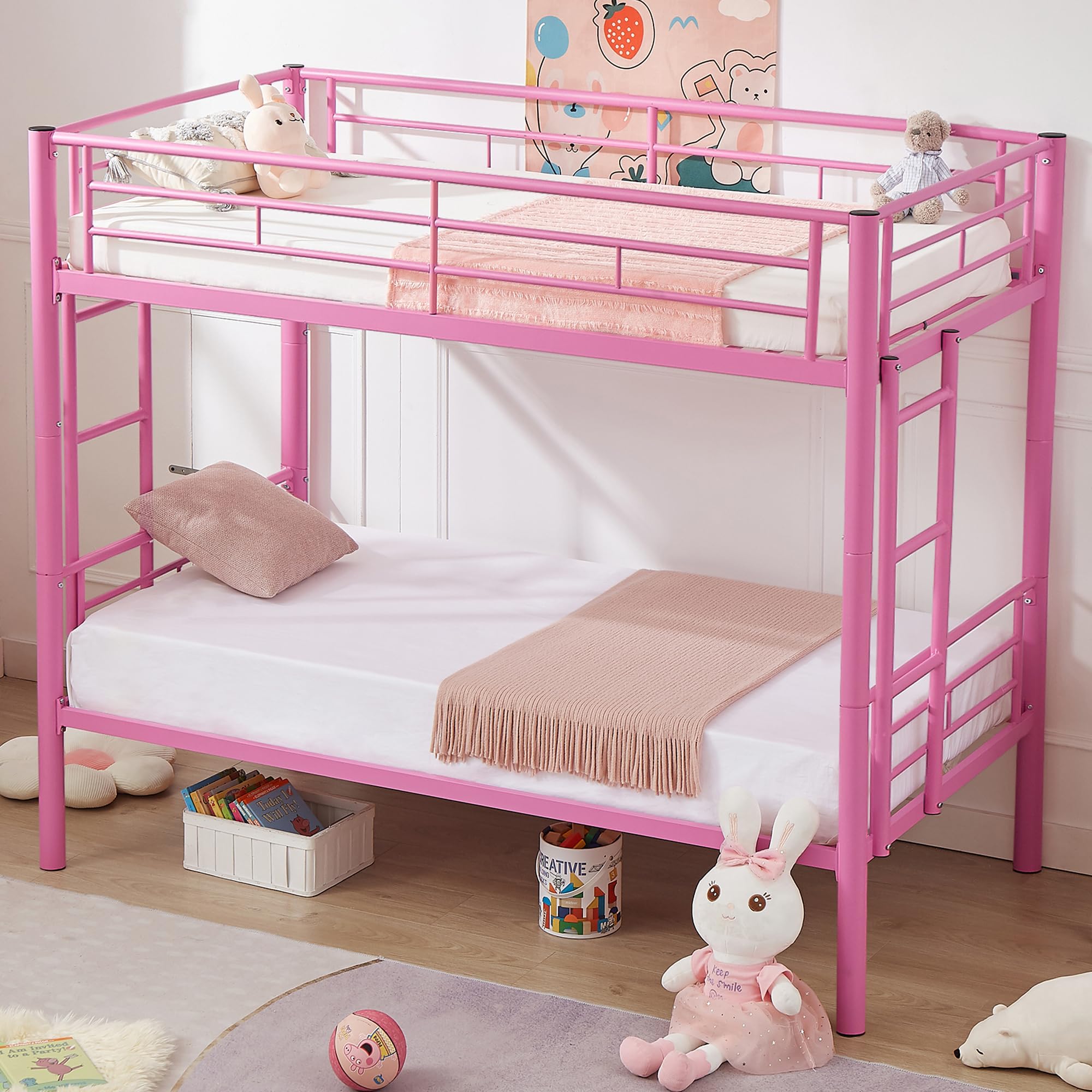 VECELO Bunk Bed Twin Over Twin, Metal Bunkbeds with Ladder and Full-Length Guardrail, No Box Spring Needed, Space Saving, Noise Free, Pink