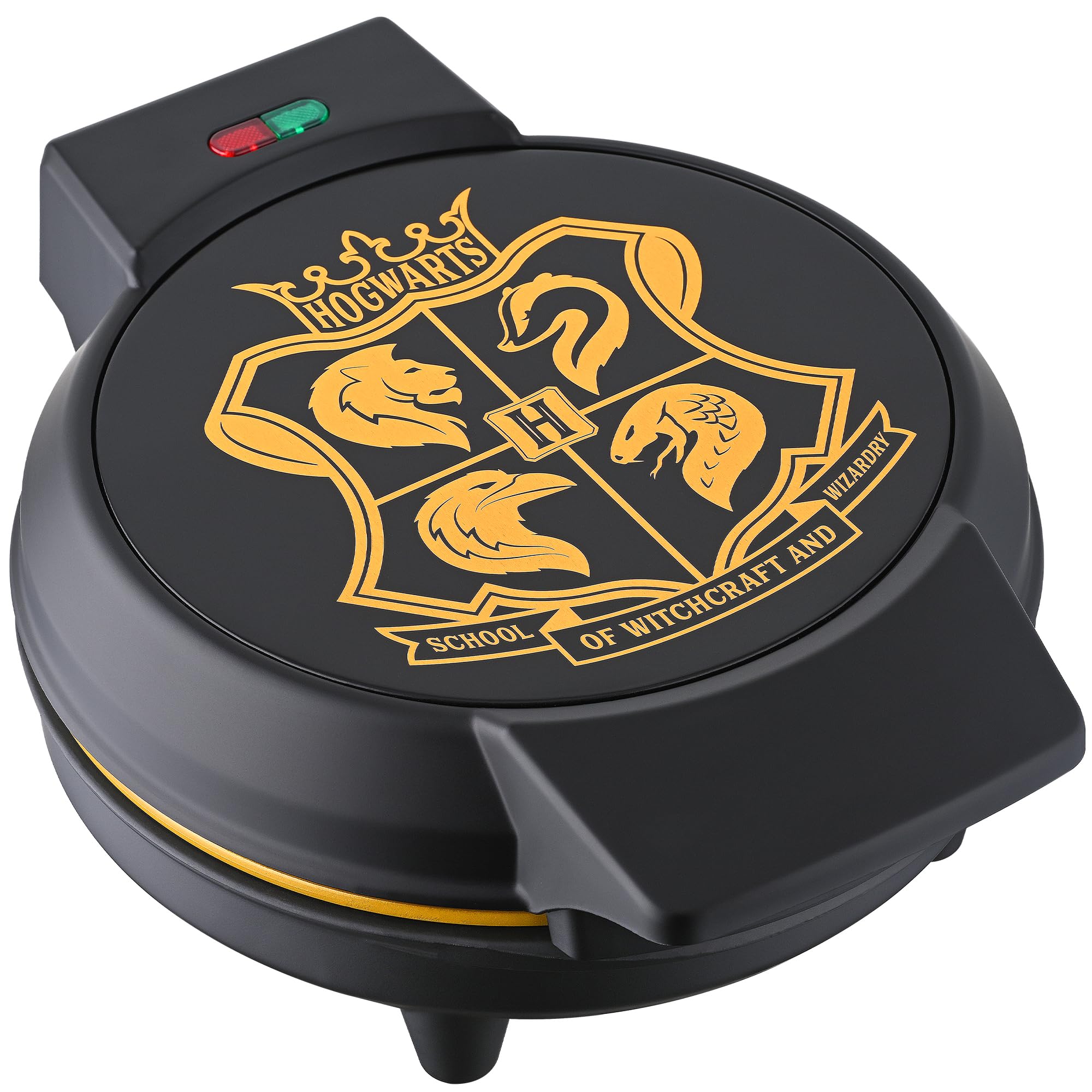 Warner Brothers Harry Potter Round Waffle Maker by Select Brands - Ceramic Coated Cooking Plates - Imprints Hogwarts Crest on Waffles, Black and Gold, WBH-250WM