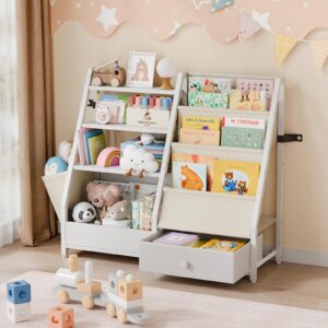 havlotii kids bookshelf and toy storage - kids book shelf for kids rooms, toddler bookshelf baby bookcase for nursery, montessori toy organizer, white