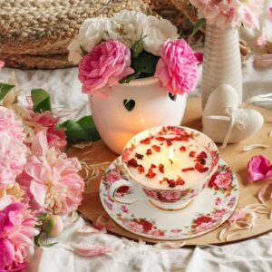 Conelist Teacup Candle Gifts for Women Scented Candles Gift Bridal Shower Tea Party Gifts Flower Pattern Porcelain Cups Candles with Saucer