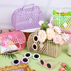 4 Sets Jelly Bags with Sunglasses for Women Wedding Jelly Purse Beach Bags Plastic Jelly Basket Flower Glasses for Bridal Wedding Party Gift