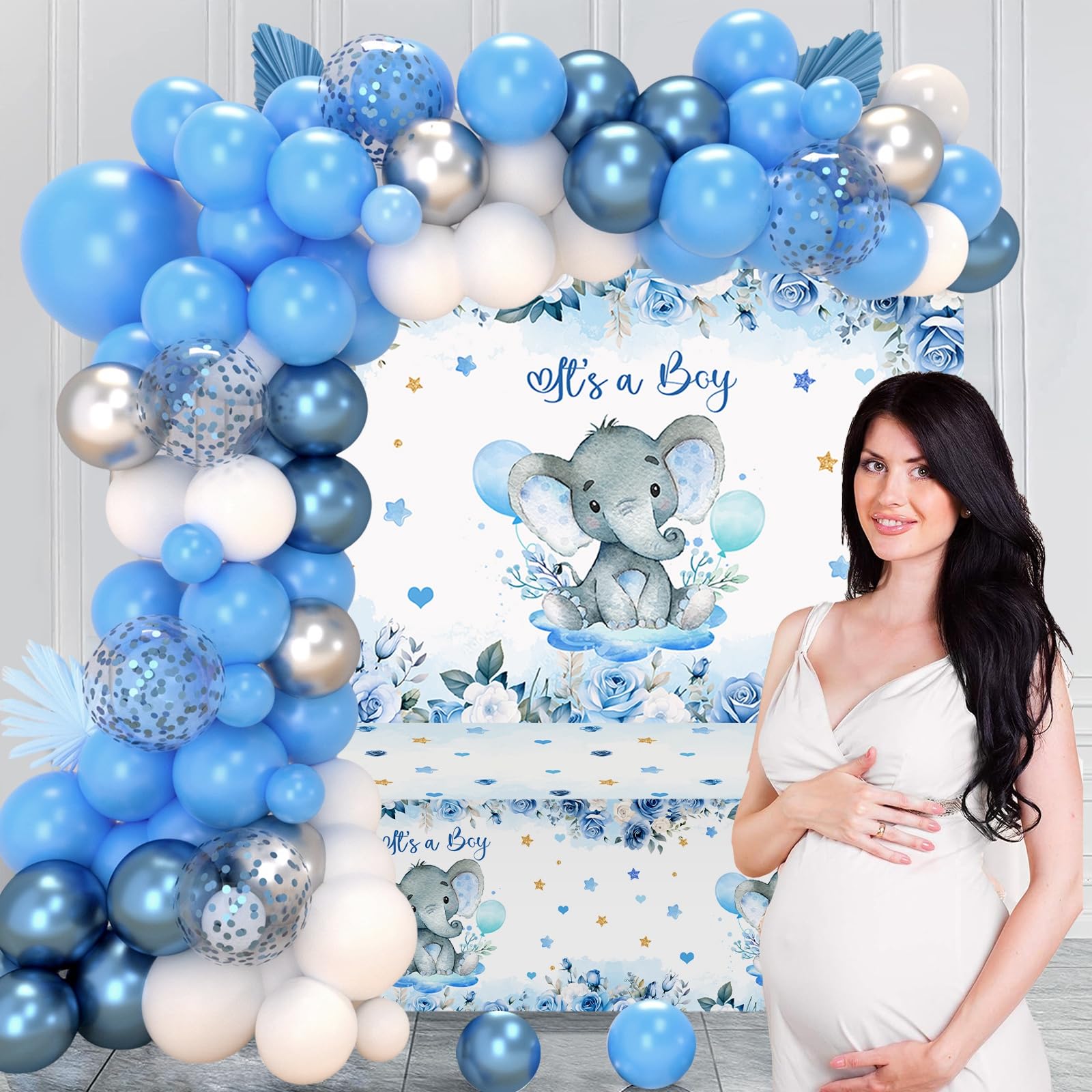 Boy Elephant Baby Shower Decorations Boxes - Baby Blue Balloon Garland Kit,Baby Shower Boxes,It's a Boy Backdrop Tablecloth for Elephant Theme Party Supplies,Baby Shower Wedding Birthday Party