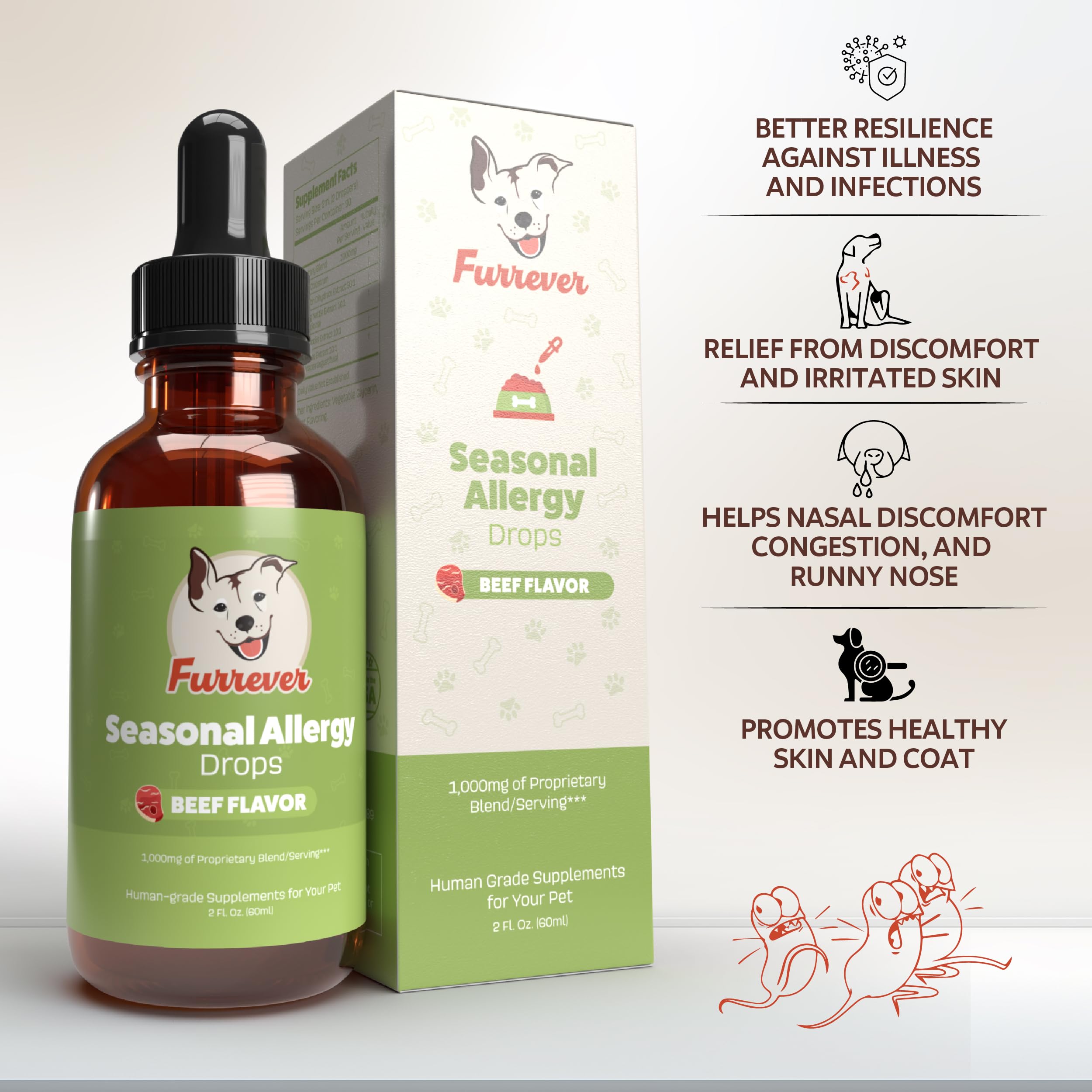 Furrever Dog Allergy Relief Drops - Support Your Pets Immune System During Seasonal Allergies - for Itching, Scratching, and Licking - Allergy Aid for Dogs & Cats - Beef Flavored - 2oz