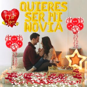 QUIERES SER MI NOVIA BALLOONS - 16" Inch Alphabet Letters Foil Mylar Balloon, Quieres Ser Mi Novia Balloons Spanish with 500 Pcs Artificial Rose for Valentines Anniversary Day Banner Decorations