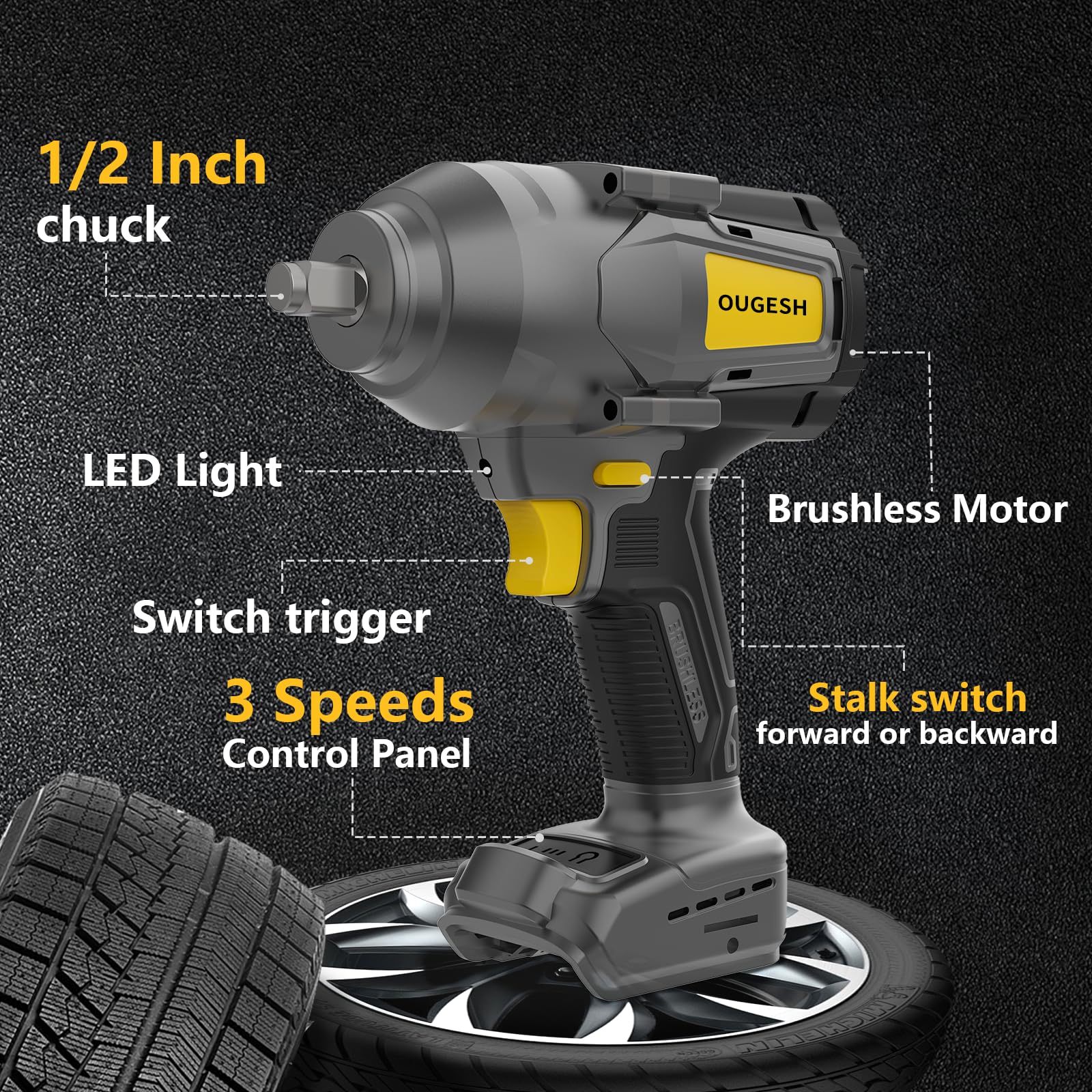 Cordless-Impact-Wrench 1/2 Inch for Dewalt Battery, 900FT-LBS(1200N.M) High Torque 1/2 Brushless Impact-Driver,Electric Impact Gun with Working Light,2800RPM (No Battery)