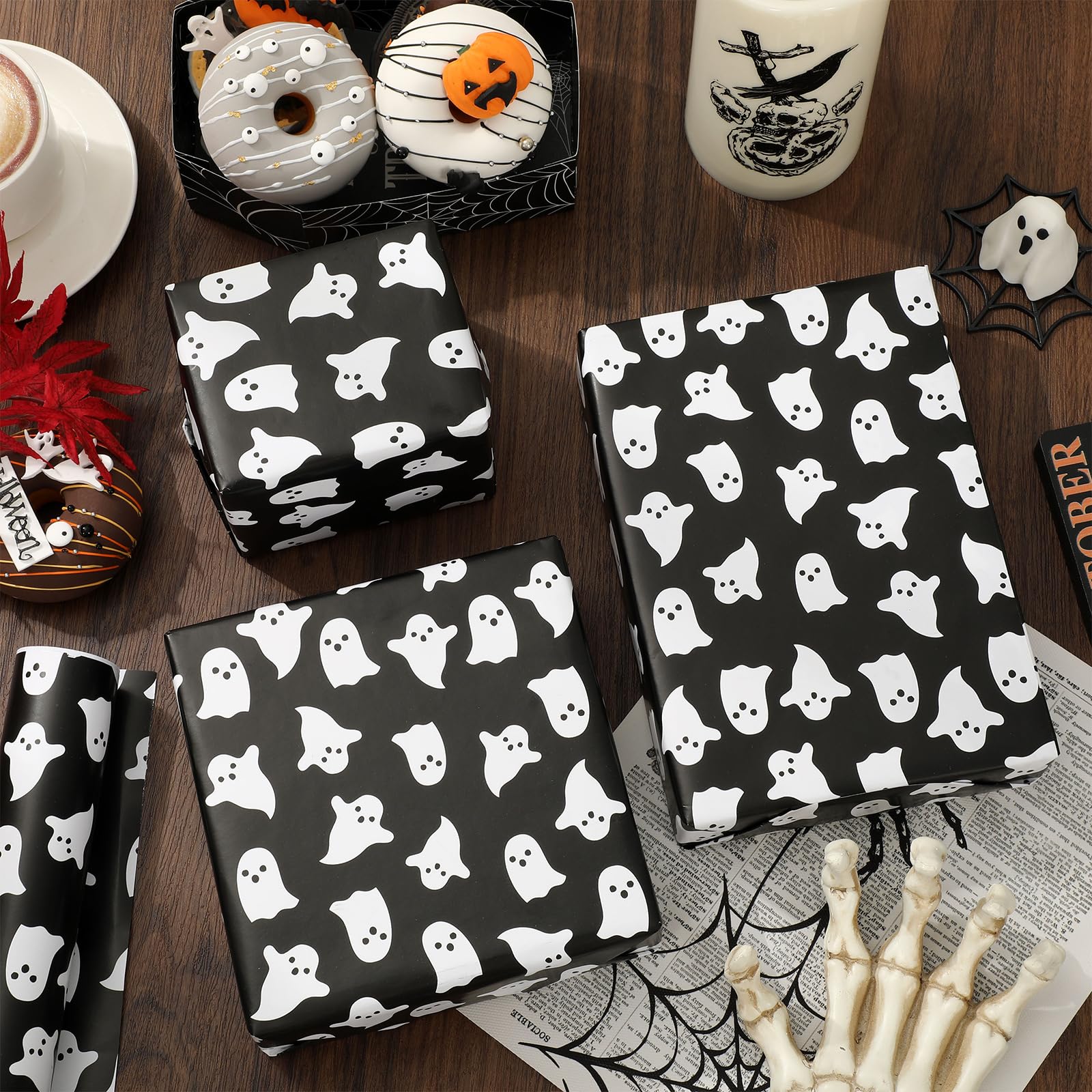 JarThenaAMCS Halloween Wrapping Paper -Mini Roll- 17in x 32.8Ft Spooky Ghost Gift Wrap Paper for Halloween Birthday Party Wrapping Supplies